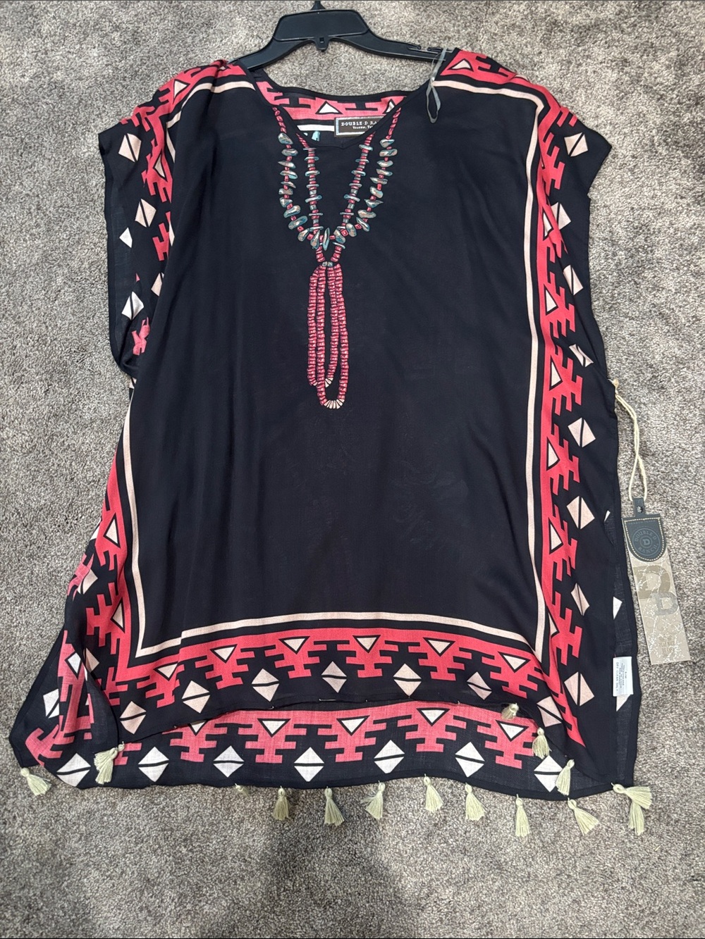 Double D Ranch Black Tunic with Coral Geometric Border and Tassel Detail
